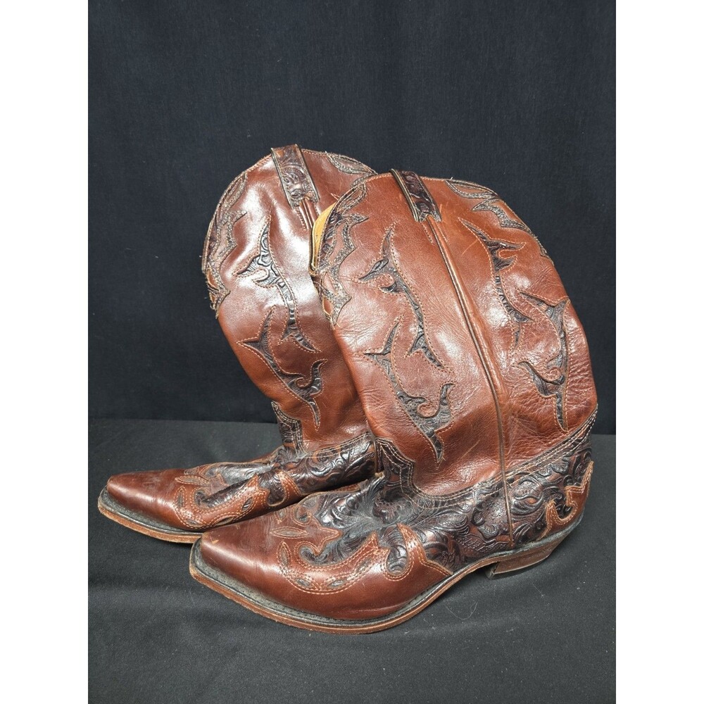 Boulet Two Tone Brown Leather Hand Tooled Square Toe Western Cowboy Boots Sz 11